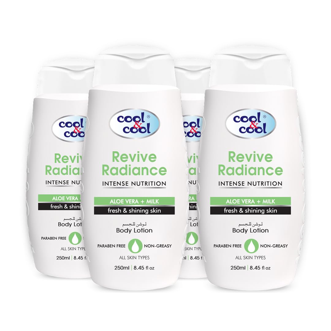 Cool & Cool Revive Radiance Body Lotion 250ML(Pack of 4) - Hydrating Formula with Aloe Vera & Milk, Non-Greasy & Paraben-Free, Promotes Fresh and Shiny Skin 1L