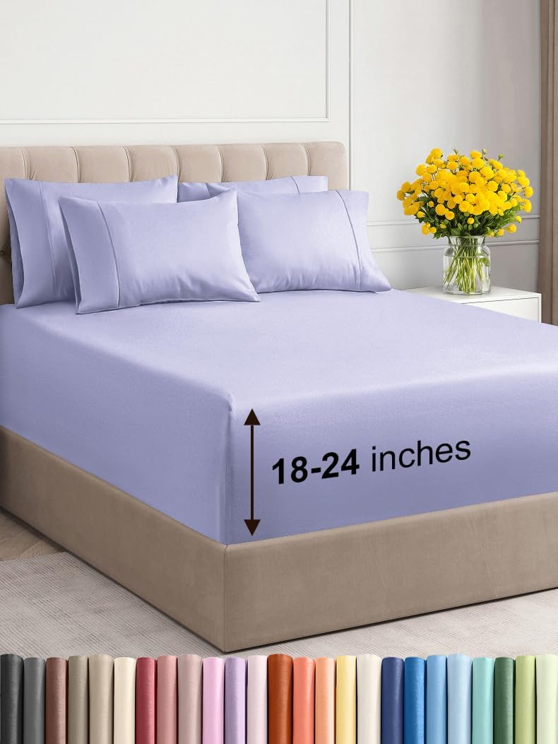 Extra Deep Cal King Sheet Set - 6 Piece Breathable and Cooling Sheets - Hotel Luxury Bed Sheets Set - Easy Fit - Soft, Wrinkle Free and Comfy Sheets Set - Lavender Sheet Set with Extra Deep Pockets
