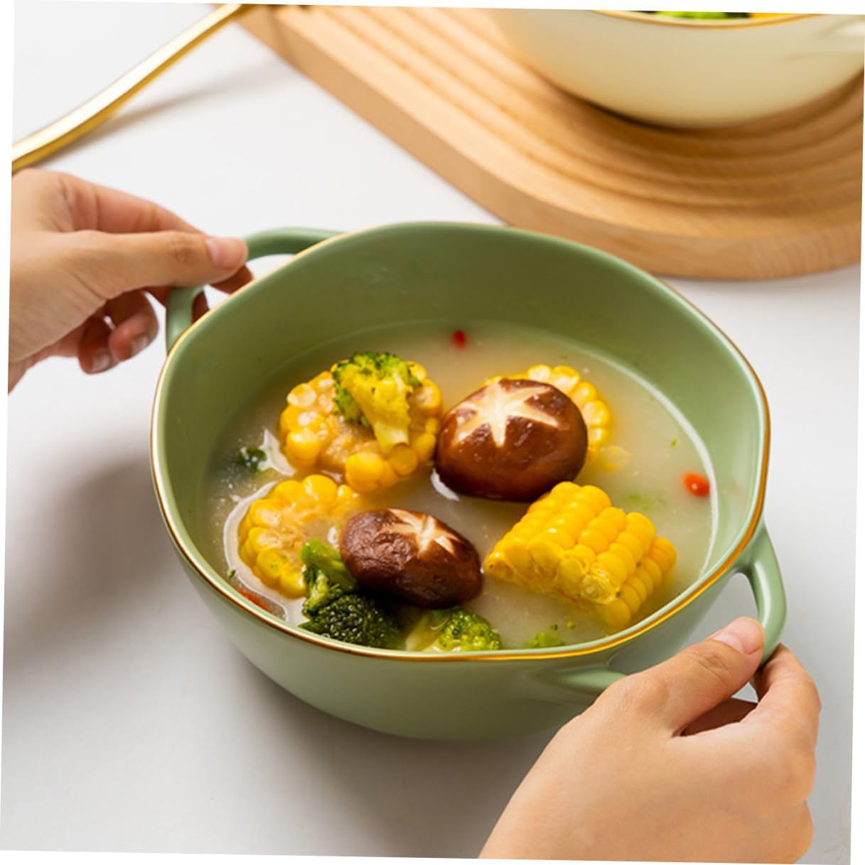 Housoutil Ceramic Soup Bowl with Handles Double Ear Baking Dish Matcha Green Oven-safe Salad Serving Bowl for Household Dining