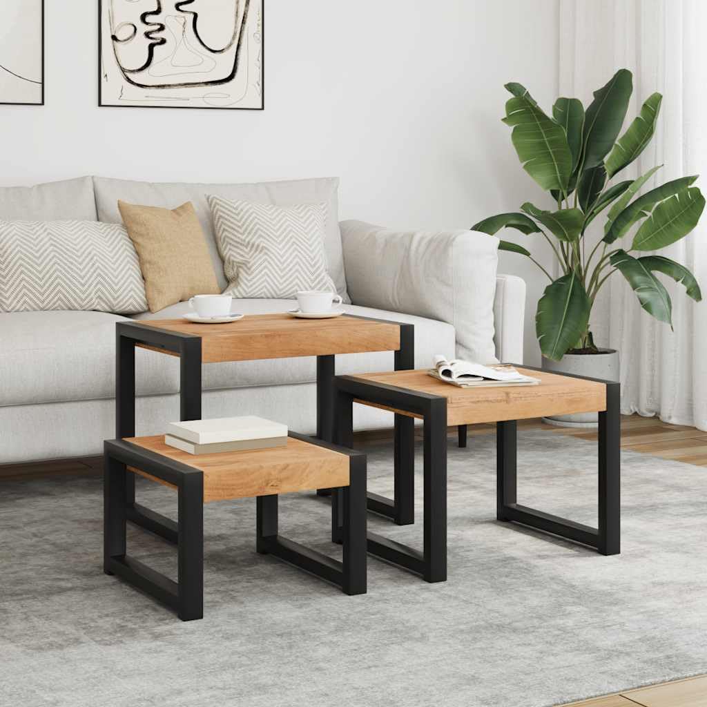 SXZenSpace Nesting Tables 3 pcs Solid Acacia & Rubberwood Vintage Stackable Living Room Side 60 x 41 48 cm Brown-A Rustic Nest of for Bedroom Hallway