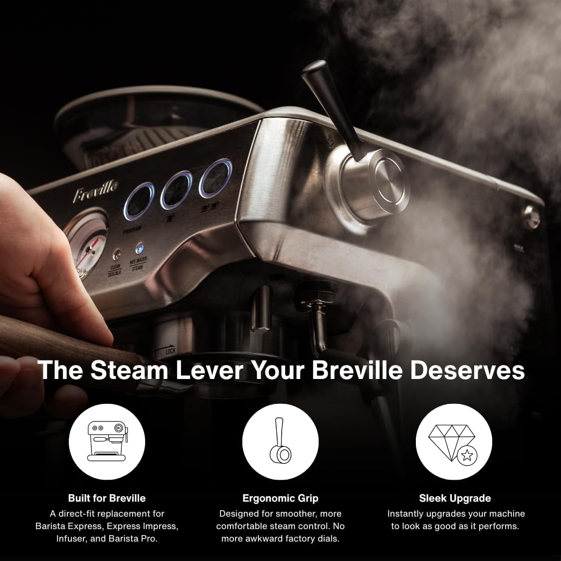 CREMA Coffee Products Replacement Steam Lever for Breville Espresso Machines | Ergonomic Stainless Steel Design | Compatible with Barista Express, Infuser, Barista Pro | Black/Silver Finish