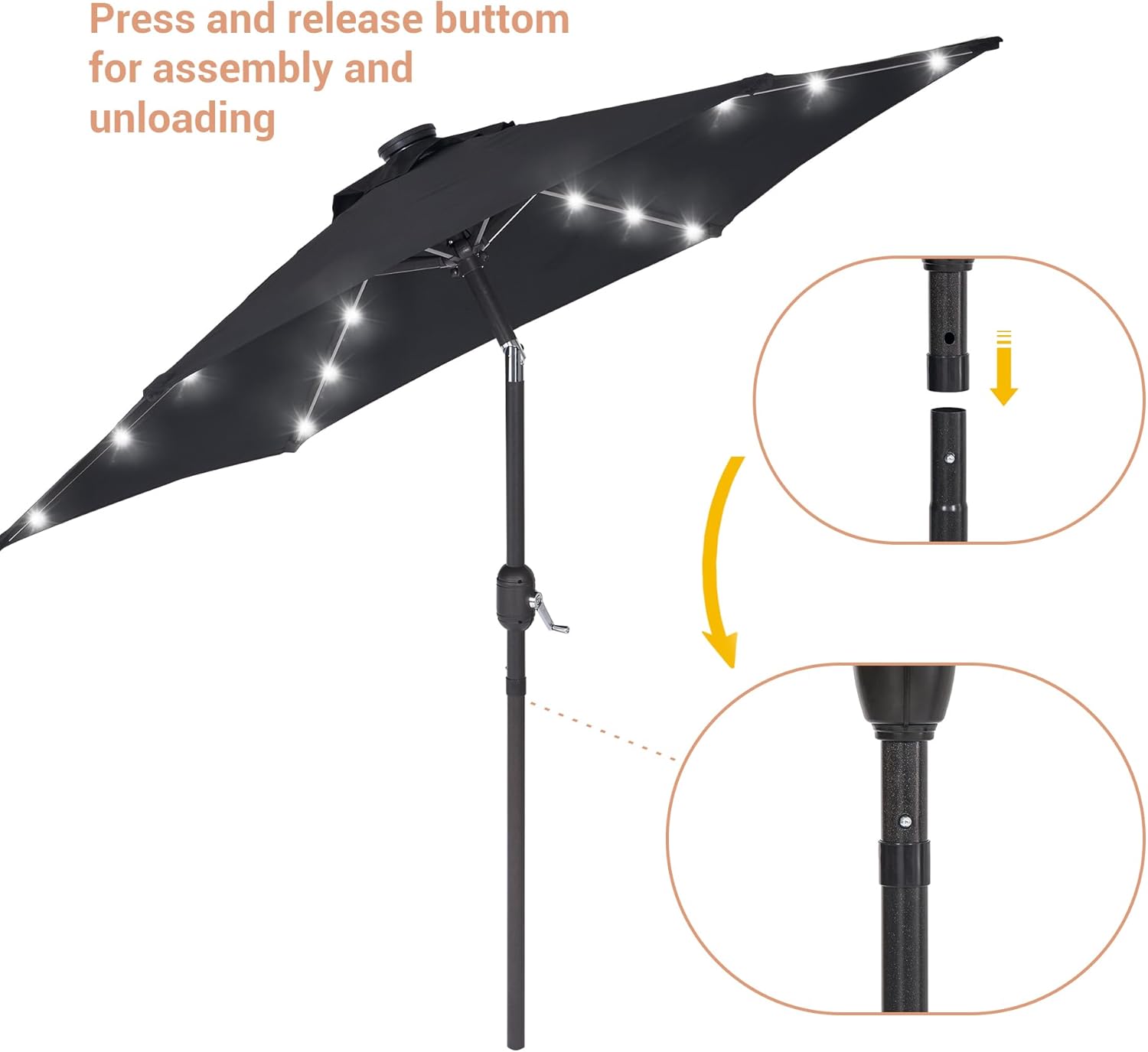 7.5ft Solar Patio Umbrella, Steel umbrella outdoor patio with Tilt and Crank, Waterproof Sunshade Canopy, 6 Ribs Outdoor Umbrella for Garden Deck Backyard Pool,Black