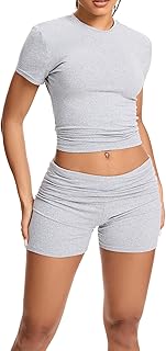 Women Workout 2 Piece sets Short Sleeve Tops Slim Foldover Shorts Matching Gym Outfits Tracksuit