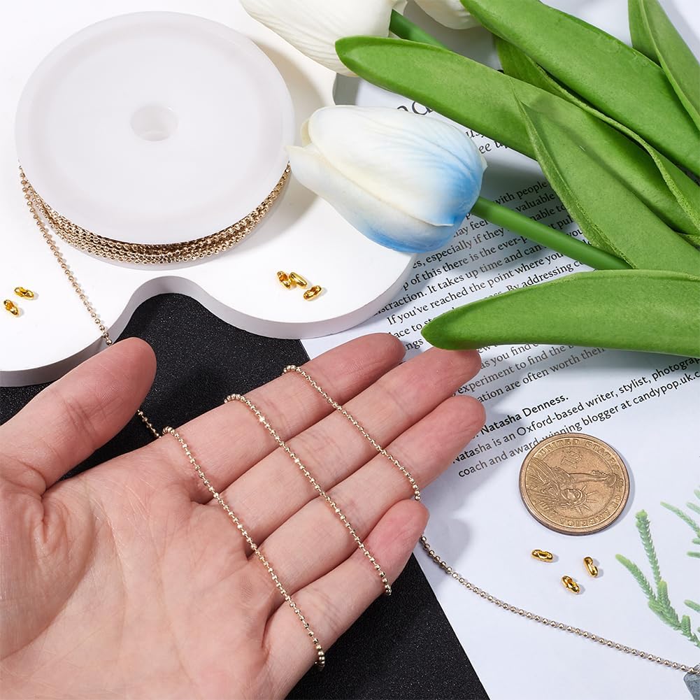 30 Feet/9M 1.5mm Gold Ball Chain Roll Dog Tag Chains Small Round Faceted Ball Bead Brass Soldered Pull Extension Metal Beaded Link Connectors for Jewelry Making Necklace Bracelet DIY Crafts - Image 3