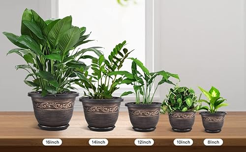 Plastic-Plant-Flower-Planters-16 Inch With Drainage Hole & Saucer, 3 Packs Lightweight Small Resin Flower Pot Indoor Outdoor, Retro Antique Imitation Decorative Garden Containers Sets For Houseplants #TOP4
