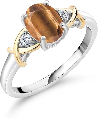 Gem Stone King Anillo de plata 925 y oro amarillo de 10 quilates con ojo de tigre marrón y diamantes blancos cultivados en laboratorio para mujer