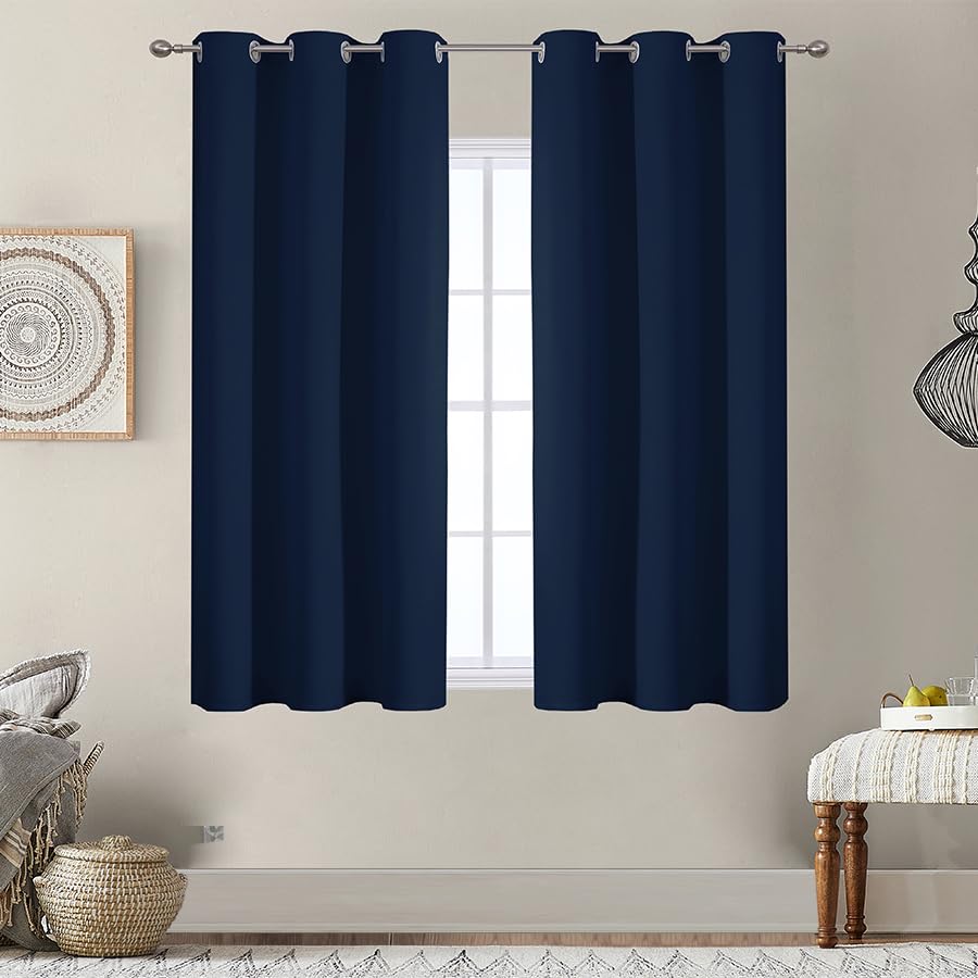VEHEDE Curtains for Living Room, Small Wide Blackout Curtains Thermal Insulated Eyelet 54 Inch Drop Window Treatment Soft Kitchen Drapes, W38 x L54, Navy Blue, 2 Panels