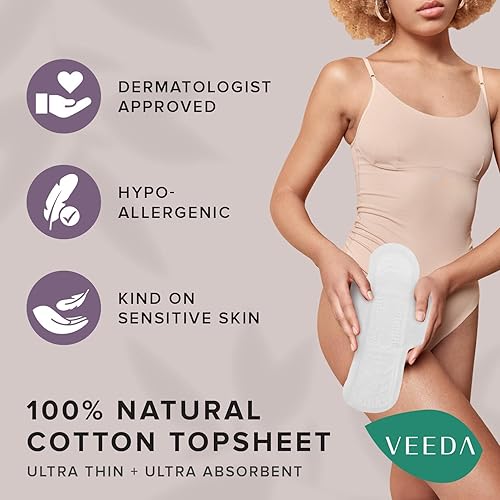 Miniatura 5 de Veeda Almohadillas de noche de algodón natural para mujer, hipoalergénicas, sin cloro y tintes, sin perfume, ultrafinas, superabsorbentes,