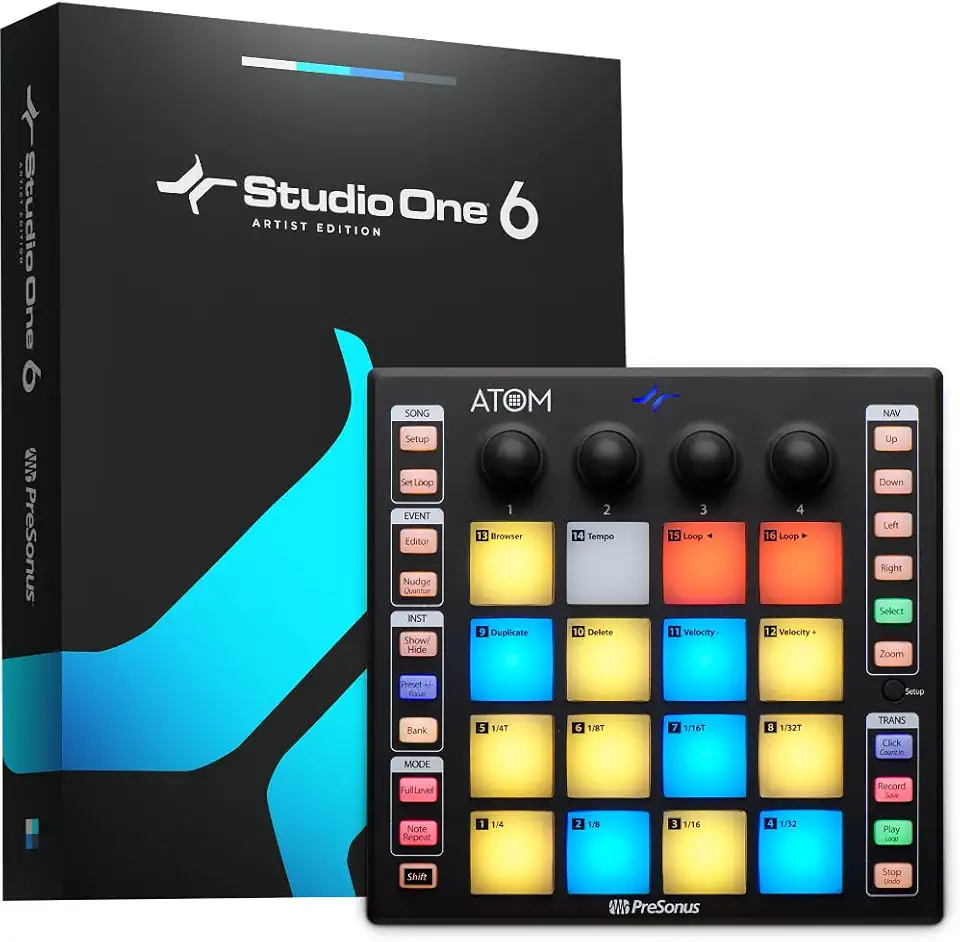 PreSonus Controlador Midi Pad de produção e desempenho ATOM com Studio One Artist e software de gravação Ableton Live Lite