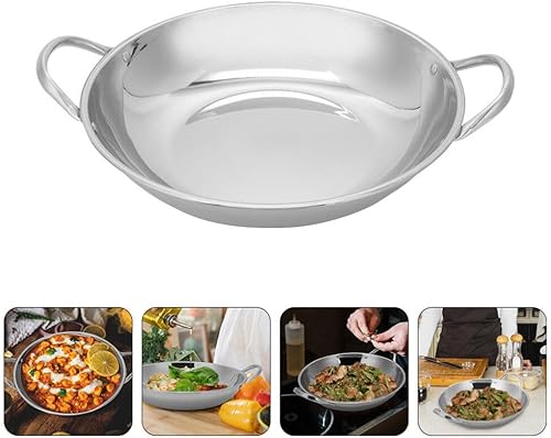 Miniatura 8 de BESTonZON Sartén antiadherente de acero inoxidable Wok de fondo plano, sartén de doble asa, sartén de cocina china japonesa shabu olla caliente