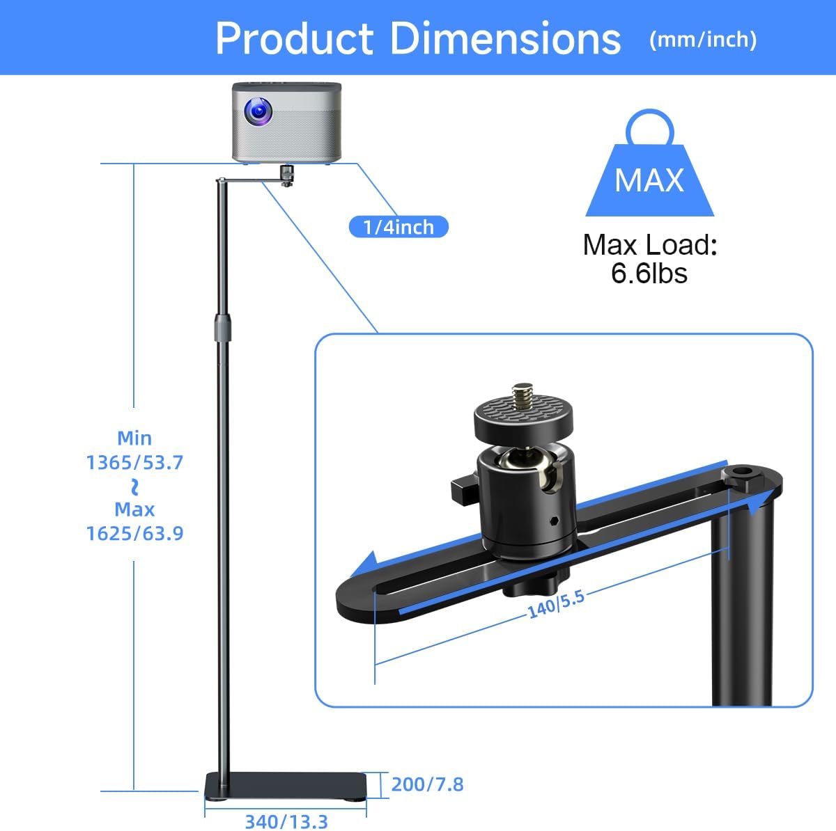 suptek 63.9” Extendable Projector Stand Against Wall Hidden Stand, 360°Swivel, Height Adjustable, Mini Projector Mount Bracket, Compatible with Home Office Video Vlog DVR Camera, PR001FPL