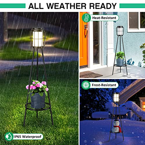 Visflair Metal Solar Floor Lamps Outdoor With Plant Stand, 2 Pack Waterproof Solar Lantern Lights For Patio Deck Yard Garden Porch (Black) #TOP4