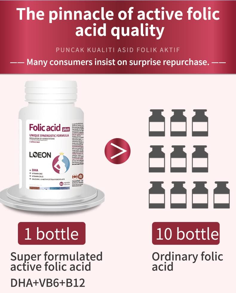 Miniatura 2 de LOEON Cápsulas de ácido fólico Plus (60 cápsulas). Ácido fólico coenzimado como folato para energía, apoyo cognitivo e inmunológico aumenta la