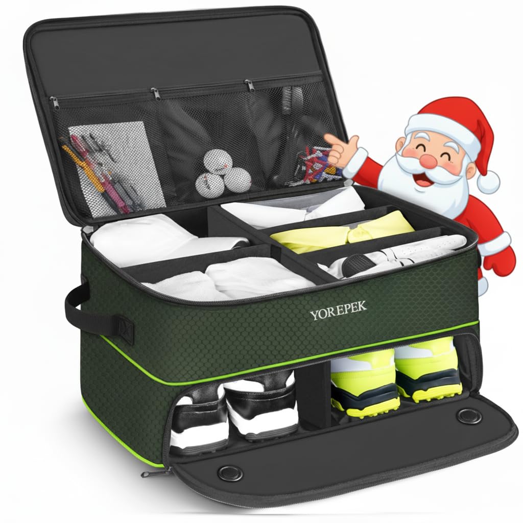 YOREPEK 2 Layer Golf Trunk Organizer, Golf Gifts for Men with Separate Ventilated Compartment for 2 Pair Shoes, Waterproof Car Trunk Locker for Balls, Tees, Clothes, Gloves, Gifts for Golfers