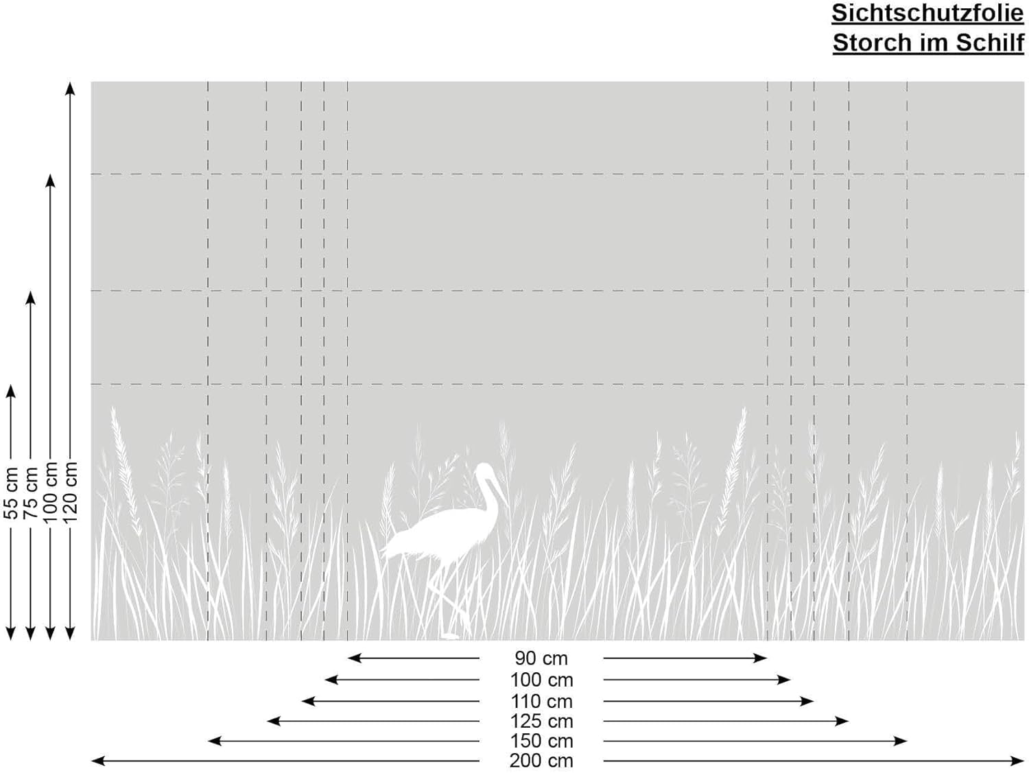 Sichtschutzfolie Storch und Gräser Wildblumen Florale Fensterfolie Fensterdeko Milchglasfolie Folie Fenster, 55 cm hoch, 200 cm breit