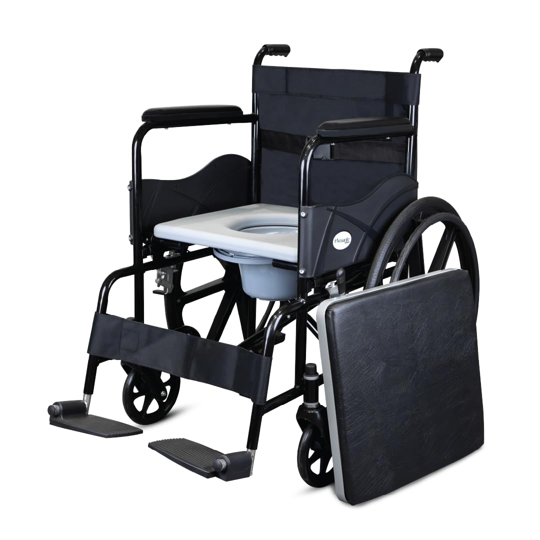 Venante Wheelchair with commode With 24" Non-Pneumatic Rear Wheels, Calf Support, Lightweight, Fixed Handle, Flip-Up Footrest, Weight Capacity Upto 100Kg (Black)-image-30