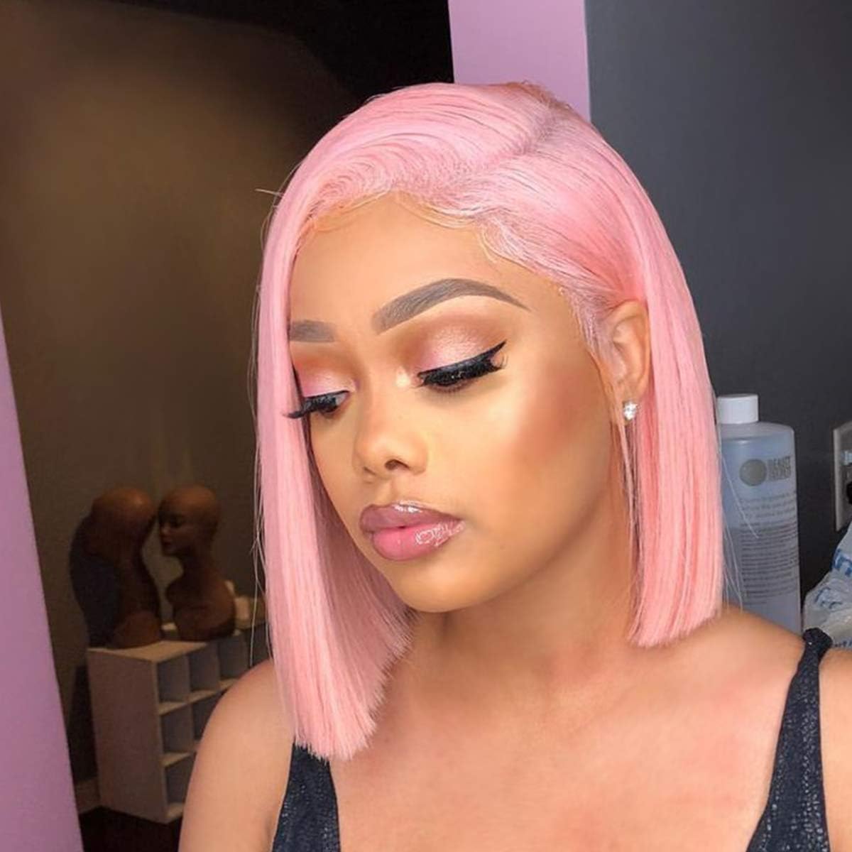 Short Wigs 8inches Natural Straight Bob Wigs for Black Women 130% Density Lace Front Wigs Human Hair with Natural Hairline (8" inch, Pink)
