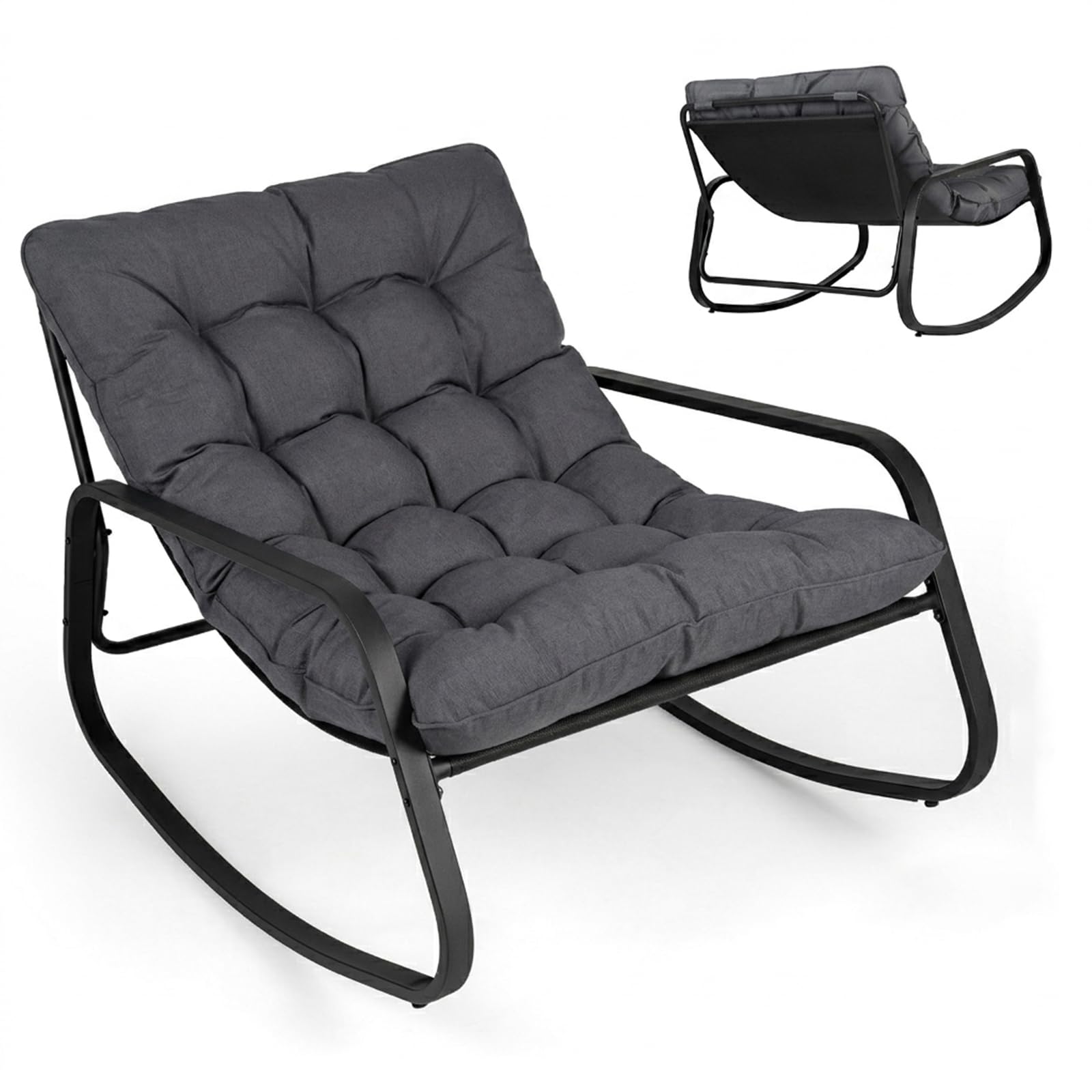 GOPLUS Fauteuil de Jardin Exterieur à Bascule, Chaise à Bascule Intérieur Papasan avec Coussin Rembourré et Amovible, Cadre en Métal, Base Antidérapante, pour Balcon Patio, Charge 205 kg (Gris)