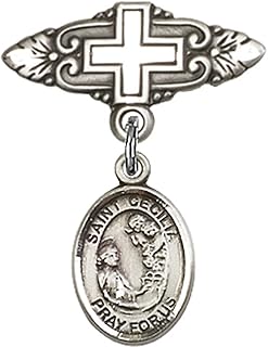 Sterling Silver Baby Badge with St. Cecilia Charm and Badge Pin with Cross 1 X 3/4 inches