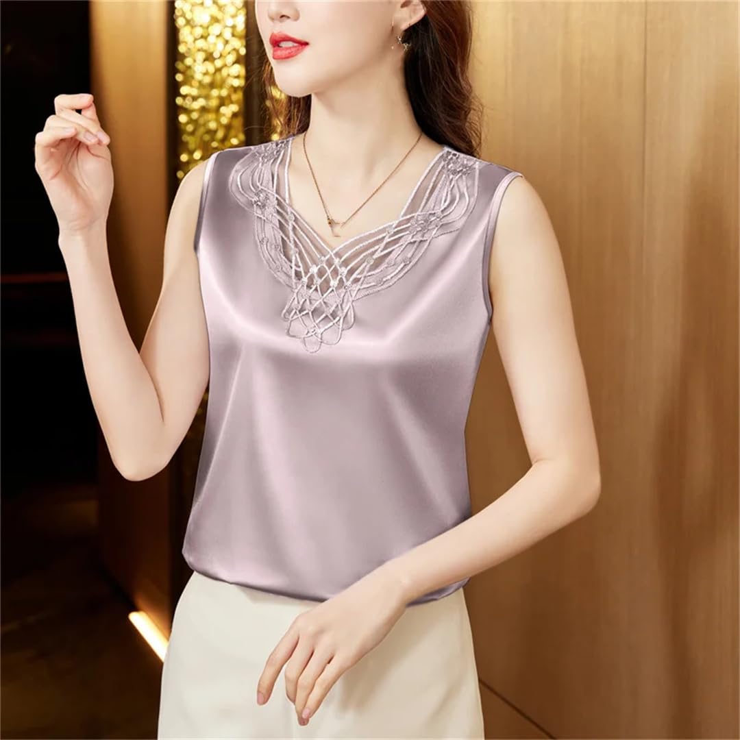 Camicie da donna senza maniche in seta estiva allentata casual in raso top tinta unita scollo