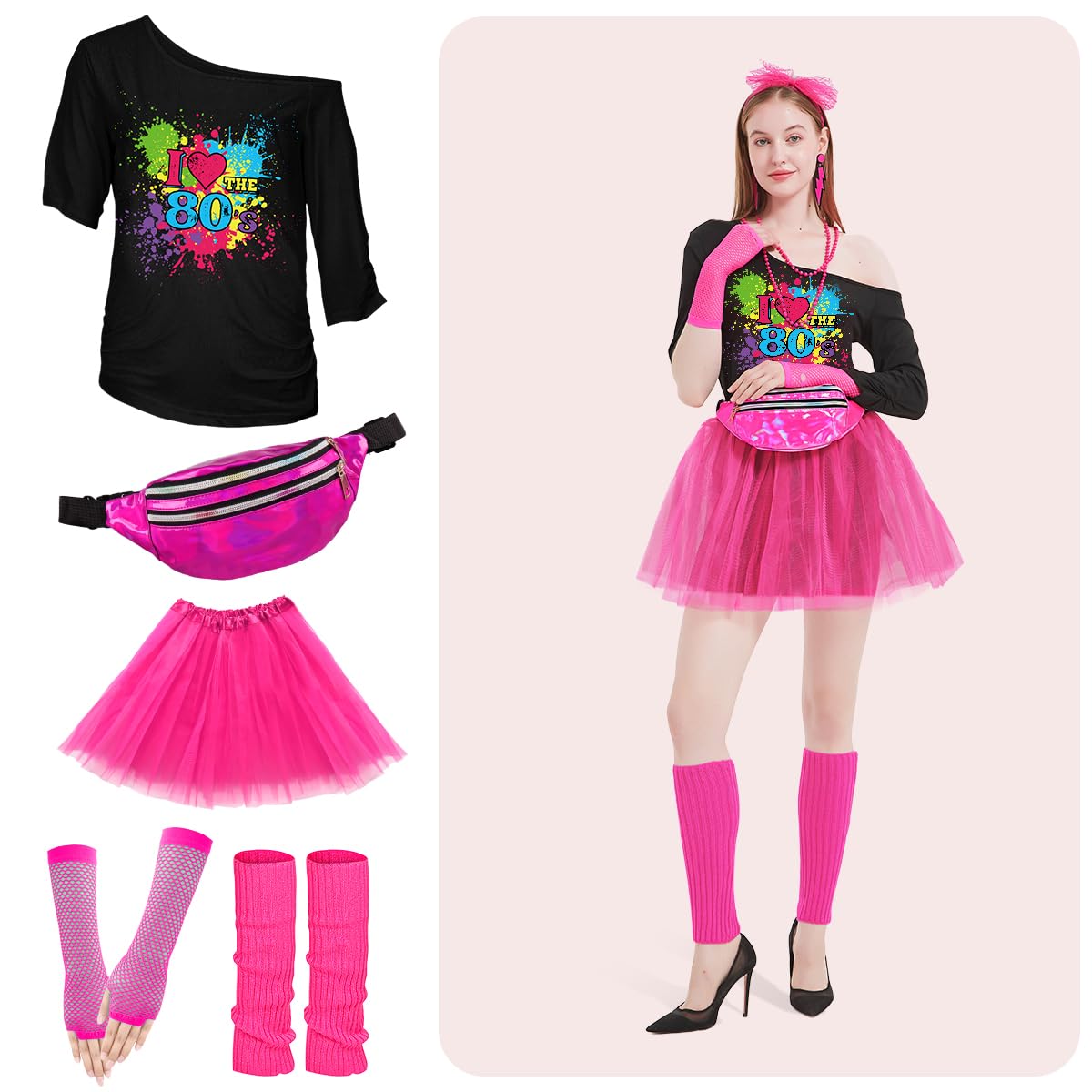WILDPARTY Accessoires de costume des années 80 pour femme, t-shirt tutu, bandeau, boucles d'oreilles, collier, gants en résille, jambières