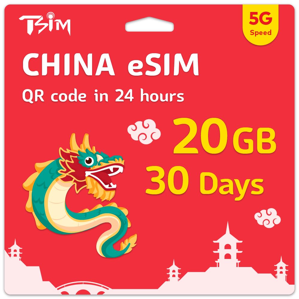 TSIM China eSIM 30 Days | 20GB High Speed Data | Auto Activating | Hotspot Sharing Allowed | eSIM QR Code Sent by email within 24Hrs of Shipping | Scan QR Code and use Immediately | Data Only No Voice