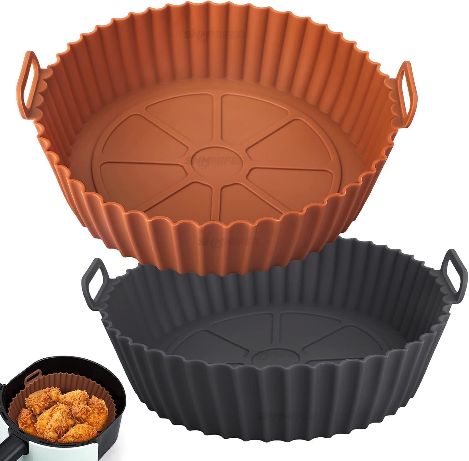 SNMMIFER Silicone Air Fryer Liner, Round Basket with Ear Handles, Nonstick Reusable, 8 Inch, Multicolour, Pack of 2