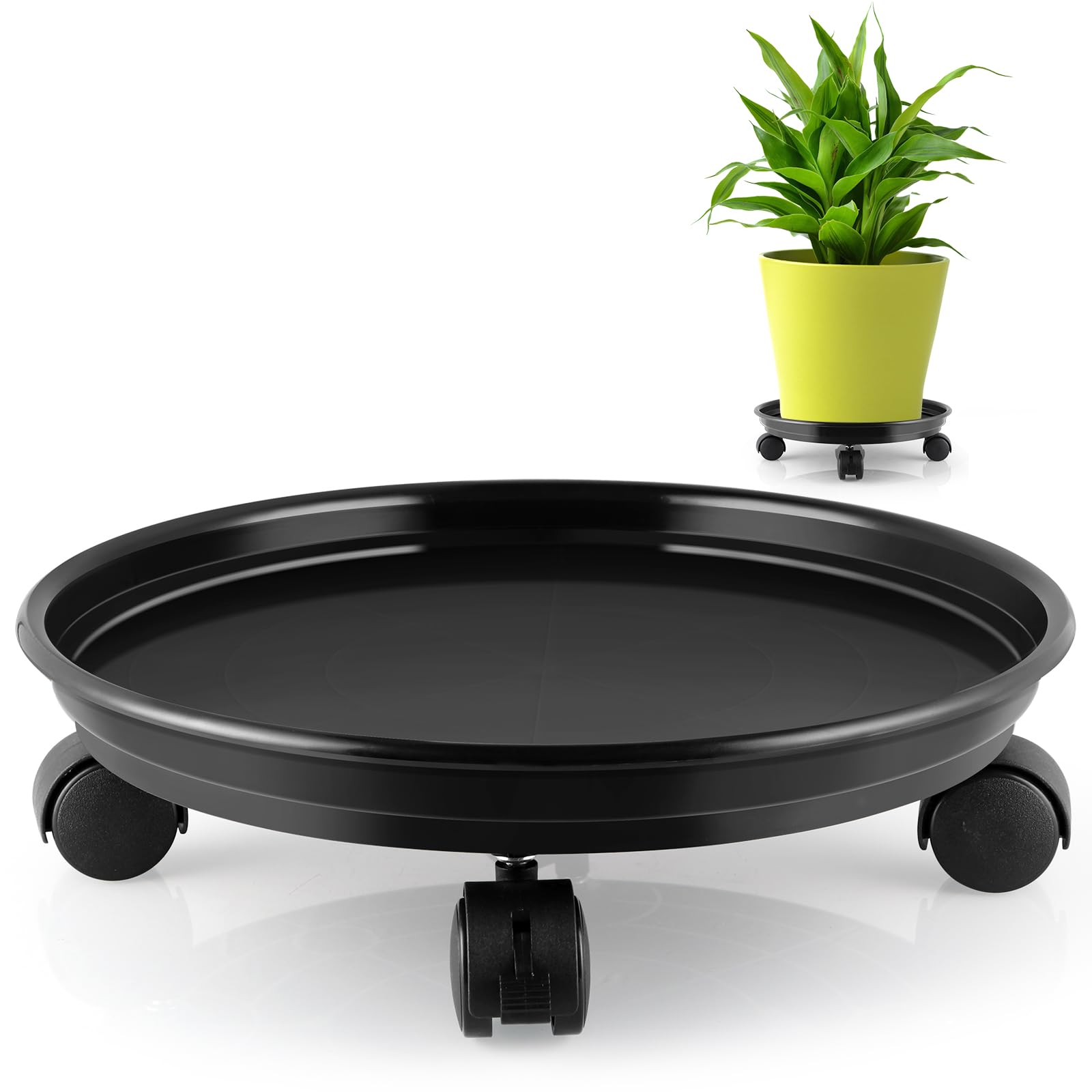 Resin Plant Caddy with Wheels, 11.6" Round Plant Pallet, Plant Pot Trolley (Black)