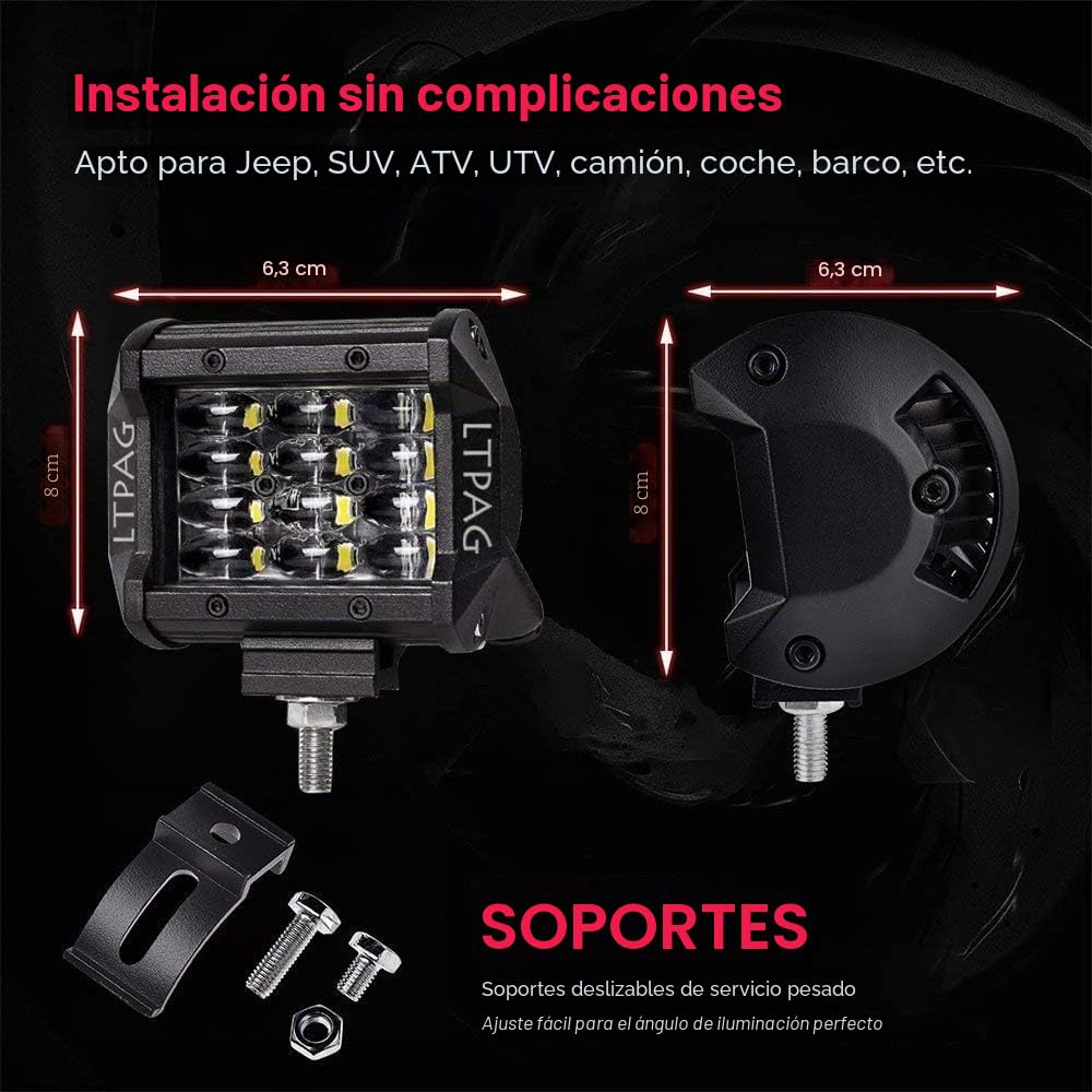 LTPAG 2pcs Faro Trabajo Led, 4" 72W 14400LM Focos LED Tractor 12V-24V 6000K Focos LEDs para Tractores IP68 Impermeable Luz de Niebla Coche,SUV,UTV, ATV, Off-road,Camión,Moto,Barco-Garantía de 2 años