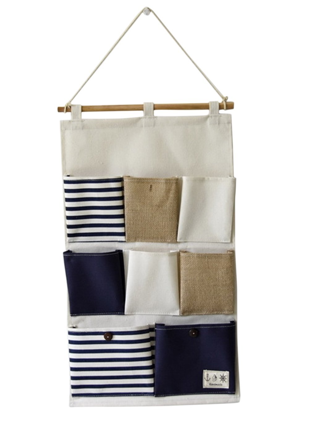DUBENS Cotton Linen Hanging Organiser Storage Bag with 5 Pockets for Bathroom, Bedroom, Kitchen - Blue White