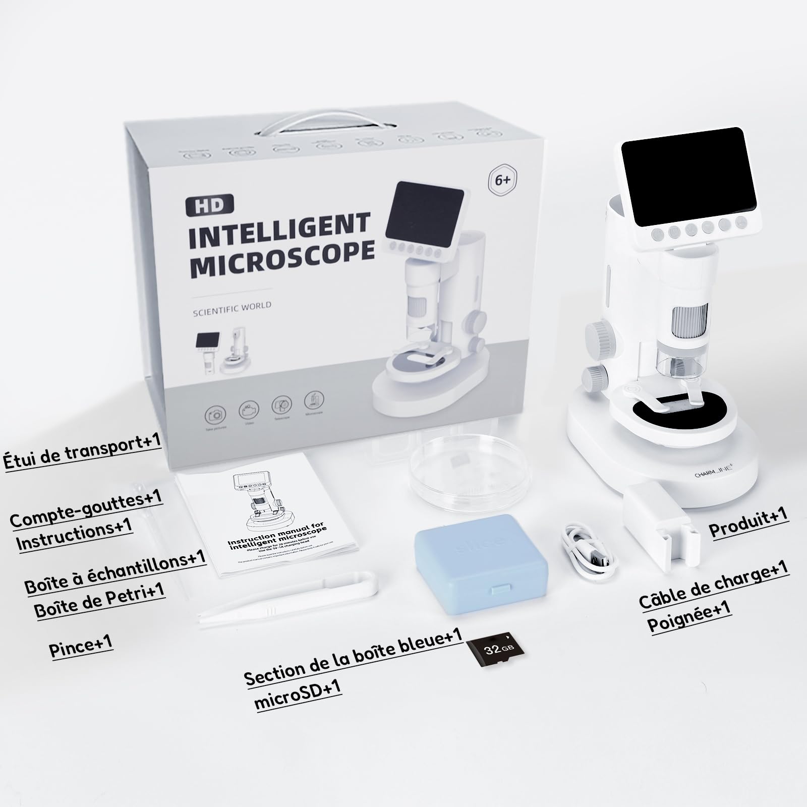 3-en-1 Microscope numérique pour Enfants, Cadeau pour Enfants à partir de 6 Ans, Utilisation Portable ou Fixe, Observation de la Nature en intérieur et en extérieur, 1000X, Carte SD 32 Go Incluse