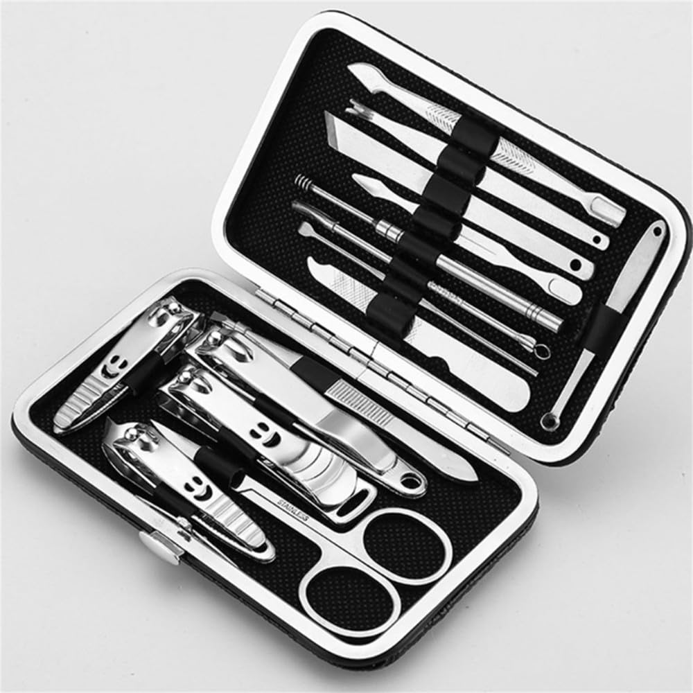 Set de manicura con cortaúñas, 15 Piezas, Kit de pedicura de Acero Inoxidable con Estuche Negro para Mujeres y Hombres.