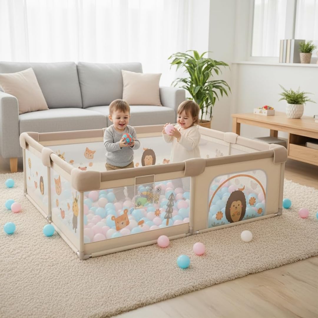Box per bambini della foresta, 150 x 180 cm, con rete di animali, traspirante, tappetino imbottito + 60 palline, box pieghevole antiscivolo (120 x 120 cm, foresta)