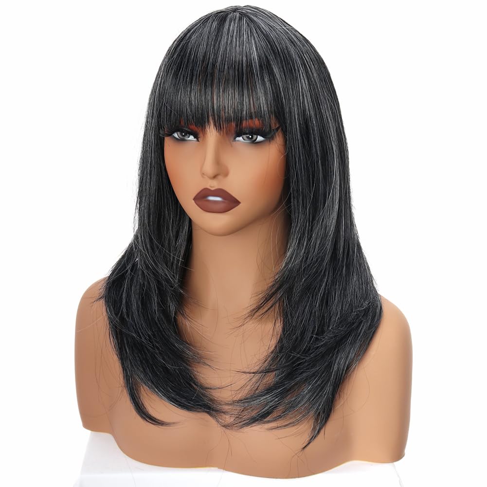 PORSMEER Medium Long Black Mix Silver Hair Wigs for Women Ladies Gray Bob Wigs with Fringe Natural Straight Synthetic Hair Wig 16 Inches,Everyday or Party - Image 4