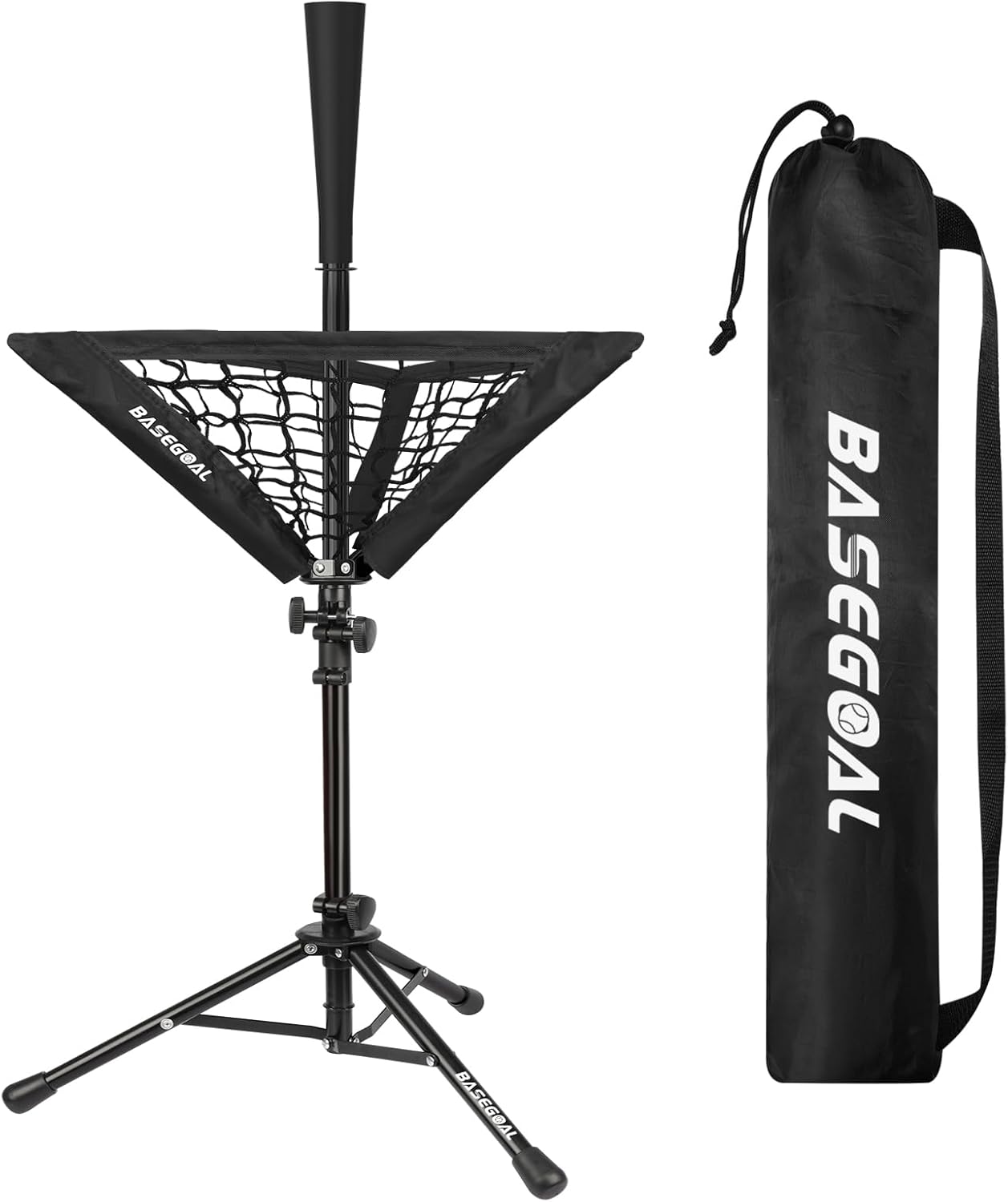 BaseGoal Baseball Softball Tee, Portable Batting Tee, Tripod Stand Rubber Tee for Hitting Training Practice with Removable Baseball Ball Caddy