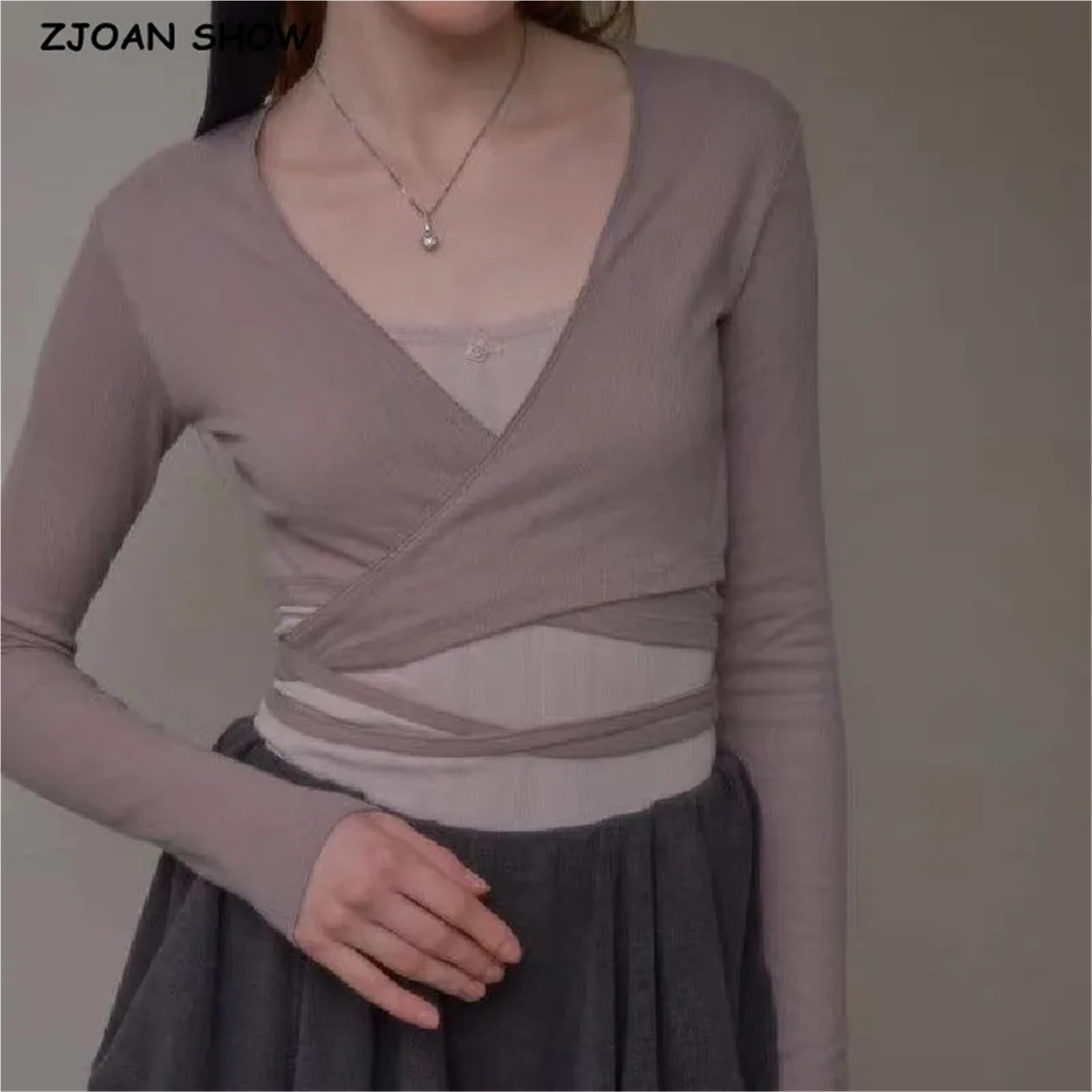 Sexy Strick-Baumwolle im Ballettstil mit Schnürung an der Taille, Wickel-T-Shirt, Skinny-T-Shirt for Damen mit gekreuztem V-Ausschnitt und langen Ärmeln, Crop-Tops