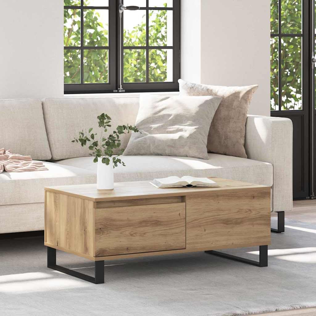 Stolik kawowy z materiału drewnopochodnego z 2 szufladami i stalowymi nogami w nowoczesnym, minimalistycznym wzornictwie do salonu, 90 x 50 x 36 5 cm