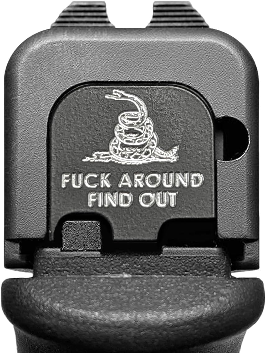 Milspin Slide Back Plate (Butt Plate) Compatible with Glock Gen 1-5 I Fuck Around Find Out I Stainless Steel I Made in USA (Black on Stainless Steel, Models G43 G43x G48)