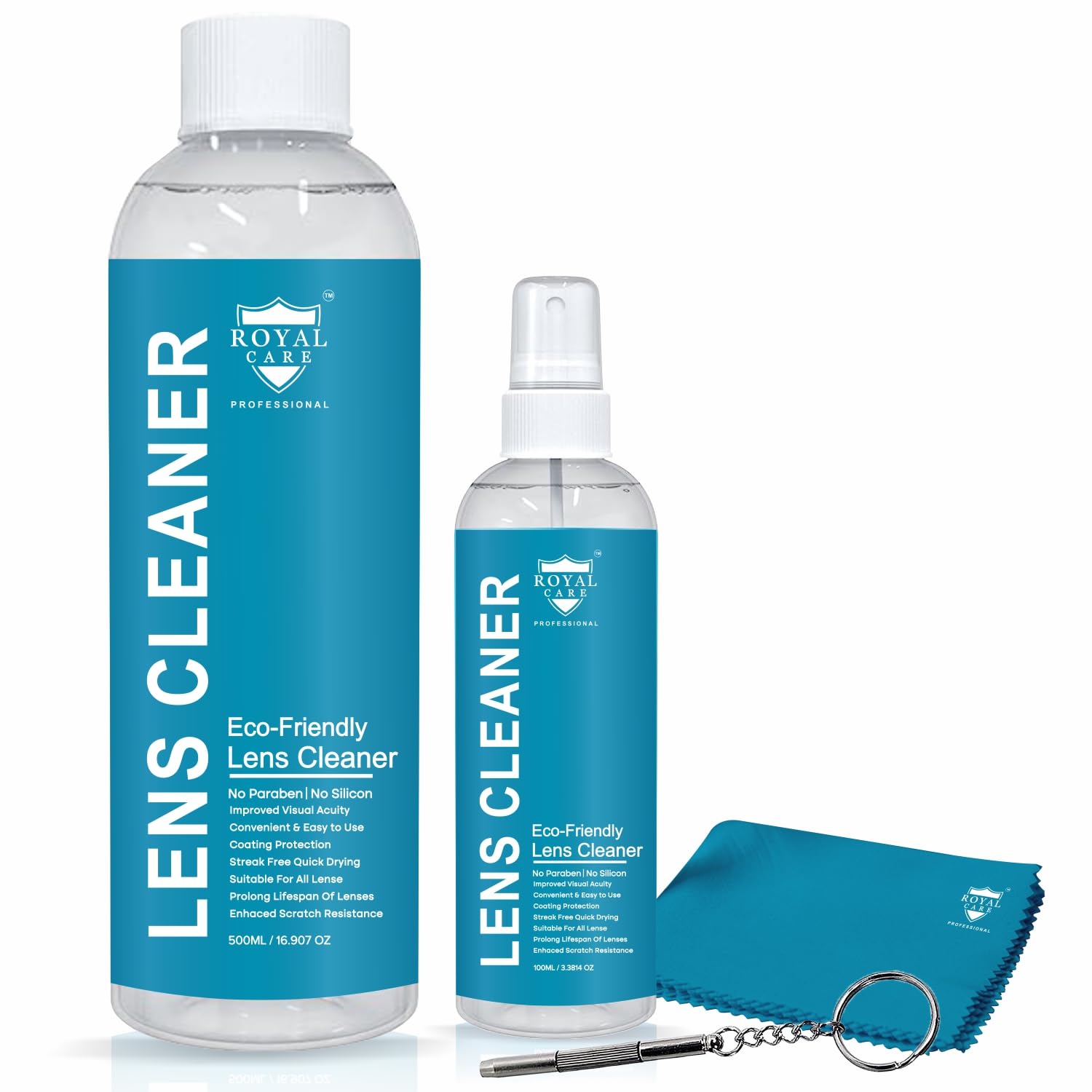 Lens Cleaner Spray Kit – 100ml|500ML Refill Bottles with 1 Microfiber Cloths and 1 Screw Drive – Eyeglasses, Cameras, and Lenses - Safely Cleans Fingerprints, Dust, Oil