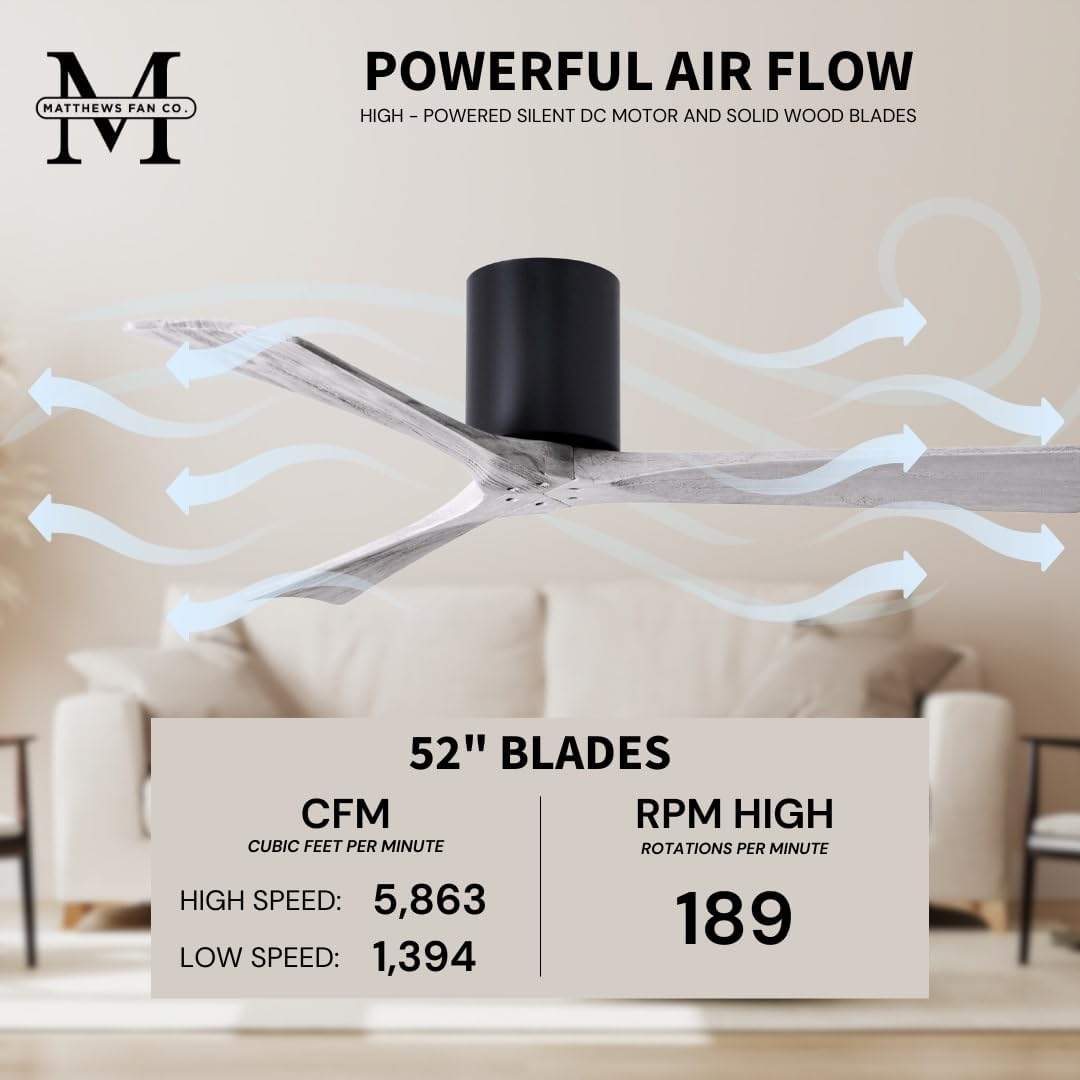 Matthews IR3H-BK-BW-52 Irene Indoor/Outdoor Damp Rated 52" Hugger Ceiling Fan with Remote & Wall Control, Silent DC Motor, 3 Barn Wood Solid Wood Blades, Matte Black