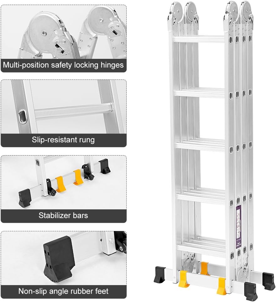 Finether Aluminium Folding Ladder 19ft Multi-Purpose Extension Ladder Heavy Duty with Safety Locking Hinges and 2 Panels EN131 Certified Four-Fold Ladder 331 Lbs Capacity
