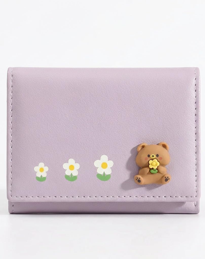 Cute 3D Bear & Daisy Flower Trifold Wallet – PU Leather Slim Purse with Card Slots & Zipper Pocket | Kawaii Mini Wallet for Girls & Teens (Lavender)-image-19