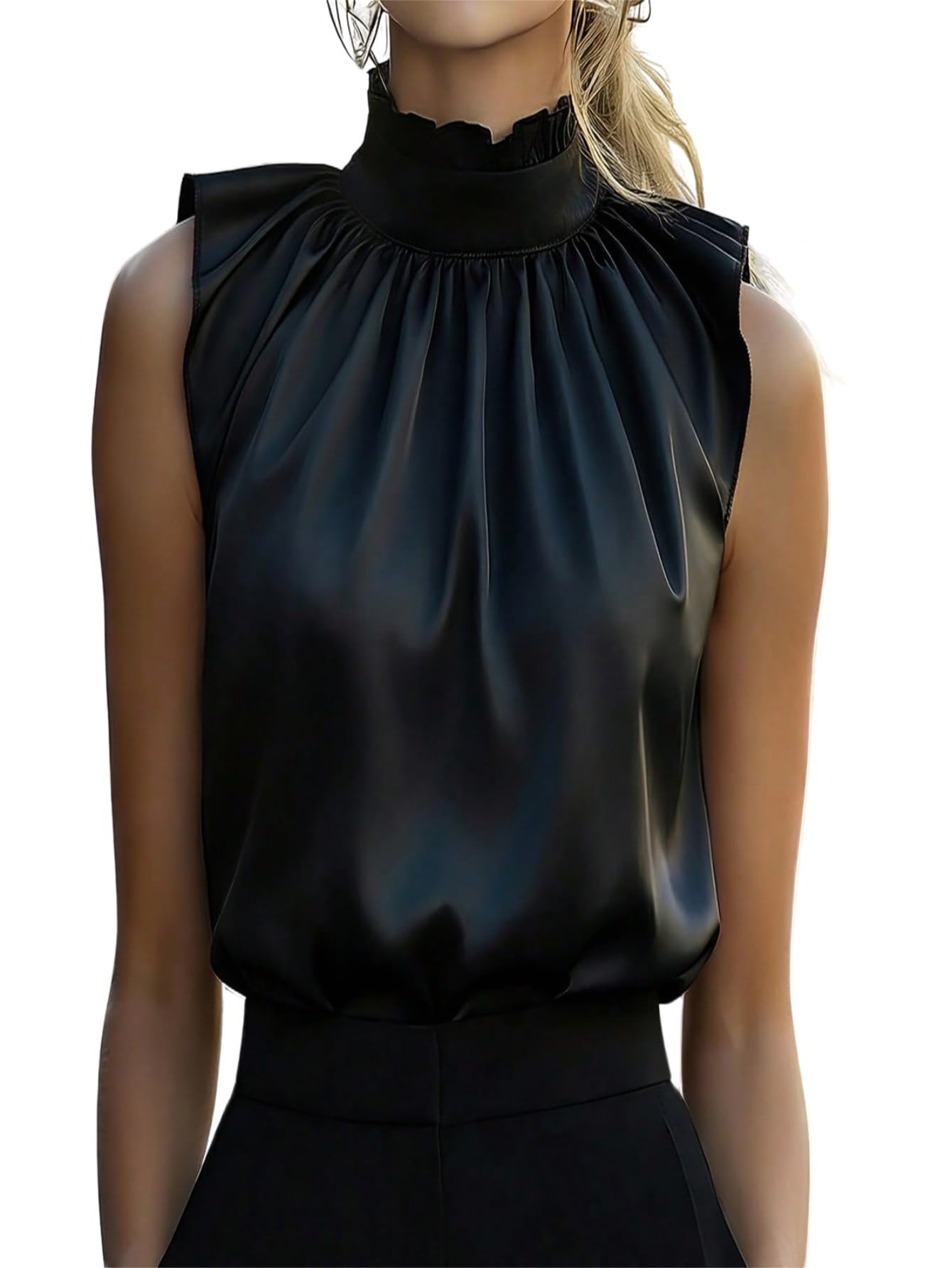 GORGLITTER Blusa elegante de satén para mujer, sin mangas, con ribete de volantes, parte superior de oficina, túnica festiva, cuello alto