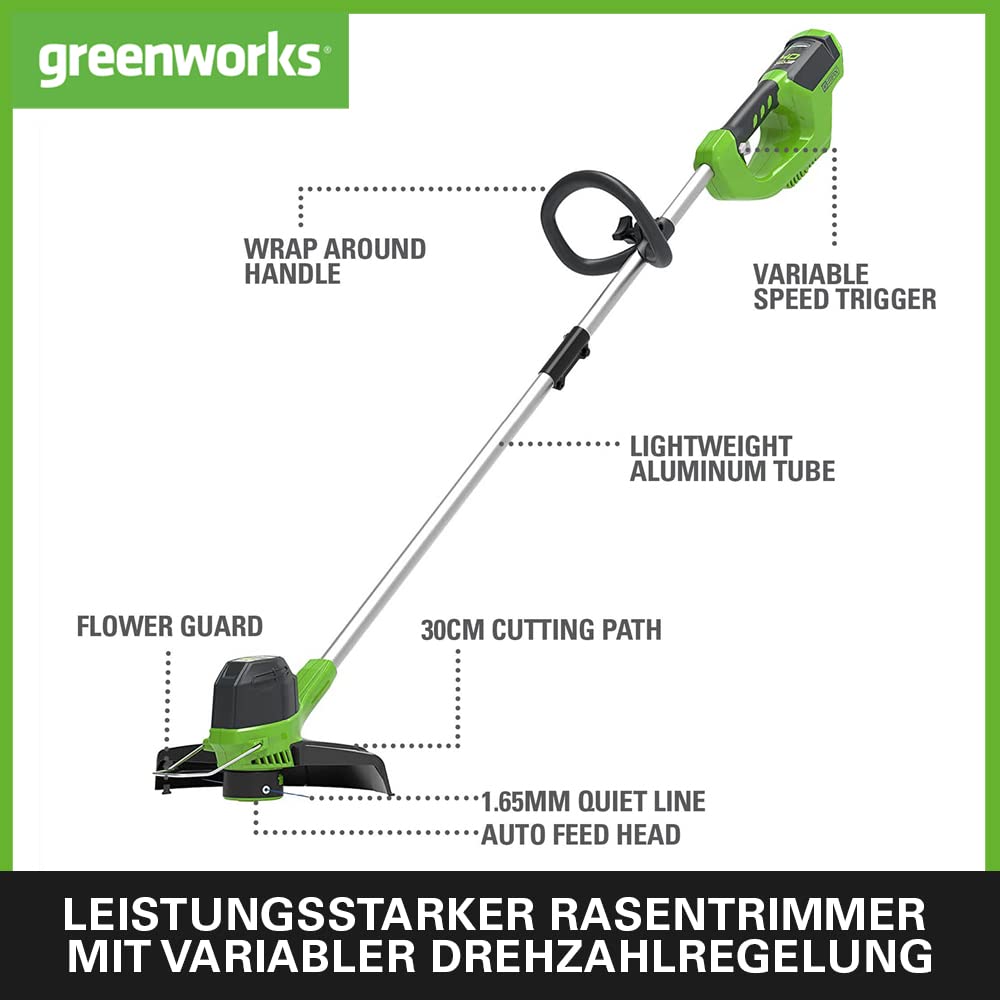 Greenworks G40LTK2 Akumulatorowa Podkaszarka do Średnich Ogrodów, Regulowana Wysokość, Szerokość Cięcia 30 cm, Automatyczny Wysuw Żyłki Nylonowej 1,65 mm, Bateria 40V 2Ah i Ładowarka