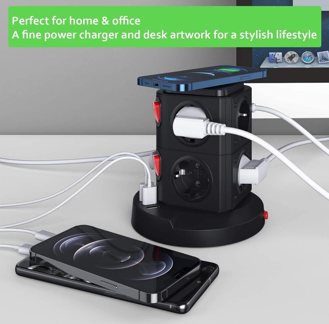 Vetech Akım Korumalı Priz Kule Tipi Kablosuz Şarj İstasyonu, 8 Priz, 2 TYPE-C, 1 USB Girişli, 2Mt Kablo