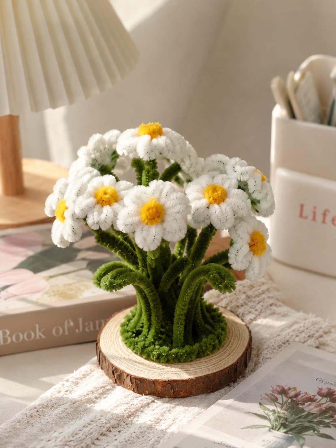 Handmade Pipe Cleaner Daisy Bouquet, White and Yellow, Pipe Cleaner Flowers, Desk Decor, on Wooden Base-image-5