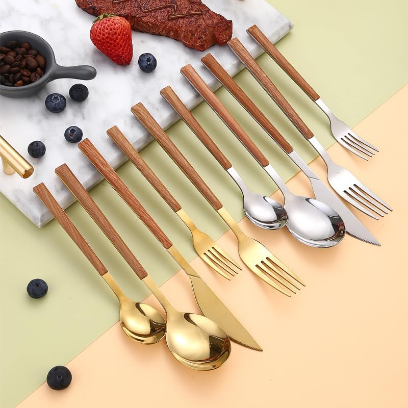 Silverware Flatware Set, 5/20/30/40 Pieces Stainless Steel Imitation Wood Handle Steak Knives, Forks And Spoons, Wood Grain Handle Portuguese Cutlery (Color : Gold, Size : 6Set-30Pcs)