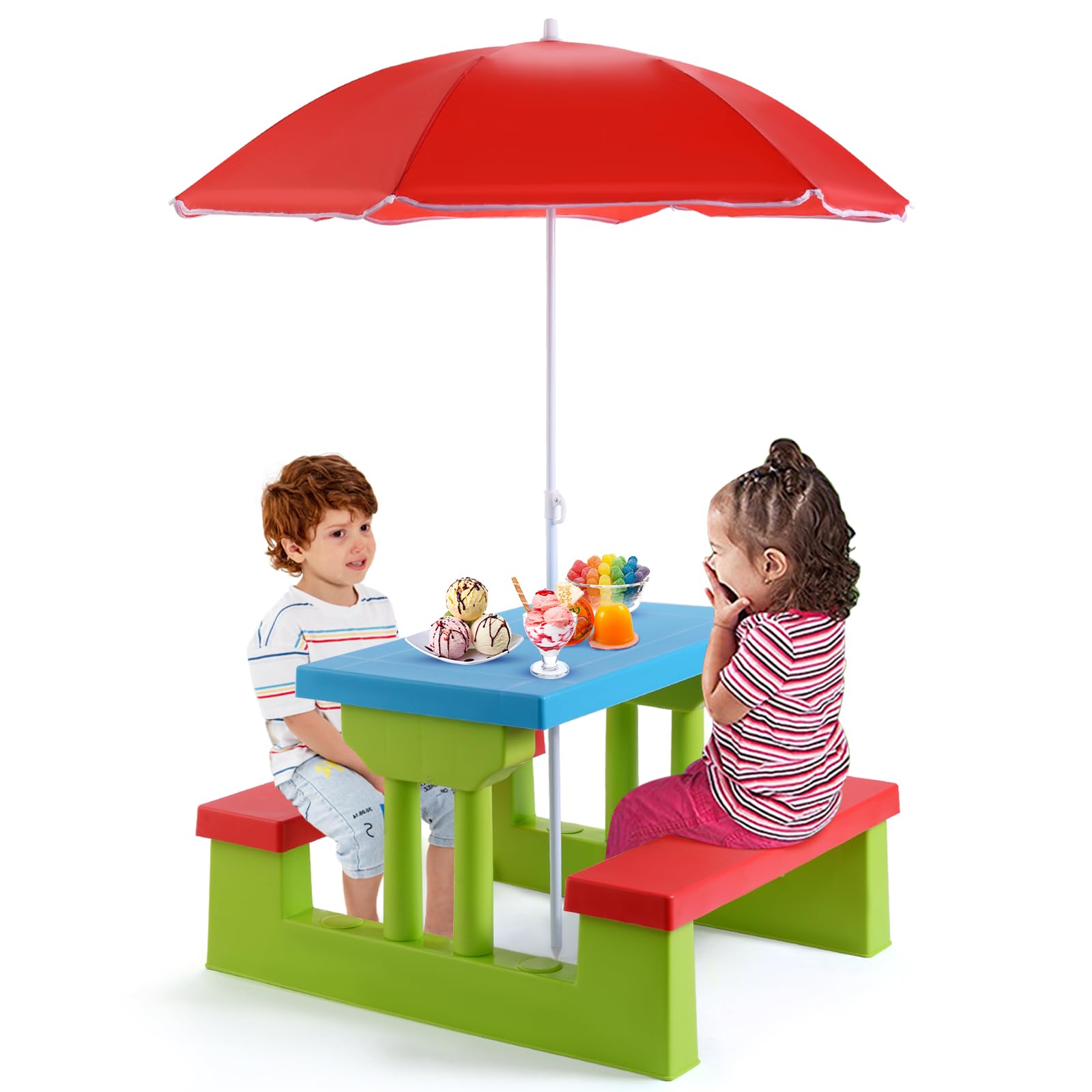 DORTALA Kids Picnic Table, Outdoor Toddler Table and Bench Set with Removable Umbrella, Plastic Kids Activity Table Set for Backyard, Garden, Nursery, Gift for Boys Girls Age 3+, Red