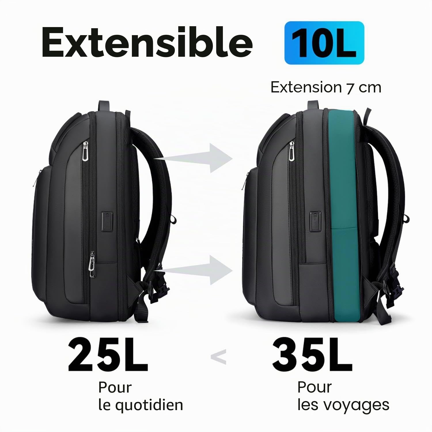 MARK RYDEN Sac à dos pour ordinateur portable d'affaires de 15,6 pouces, extensible de 25 à 35 L, sac à dos de voyage de grande capacité, sac à dos de cabine étanche 45 x 30 x 25 cm, sac à dos de