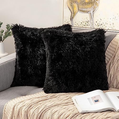 ANRODUO Pack of 2 Black Throw Pillow Covers Luxury Fluffy Pillows Faux Fur Decorative Pillows Plush Cushion Case Fuzzy Mongolian Merin Style for Bed Couch Sofa Living Room Halloween Decor 20x20 Inch